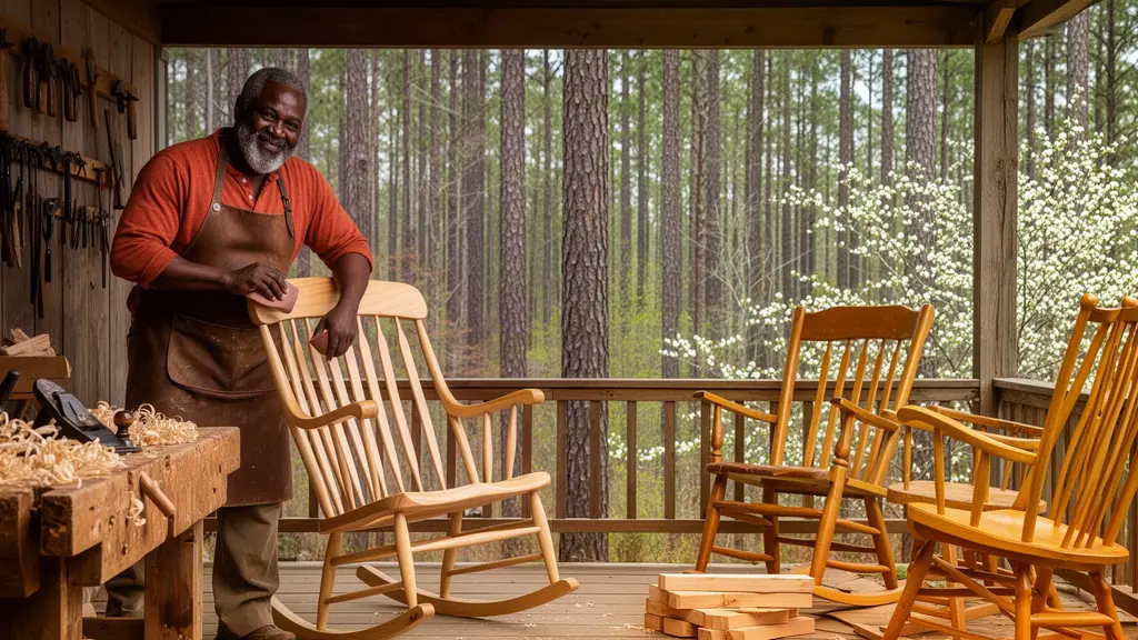 A smiling woodworker in a leather apron sanding a new pine rocking chair on a workshop porch among tall pines.